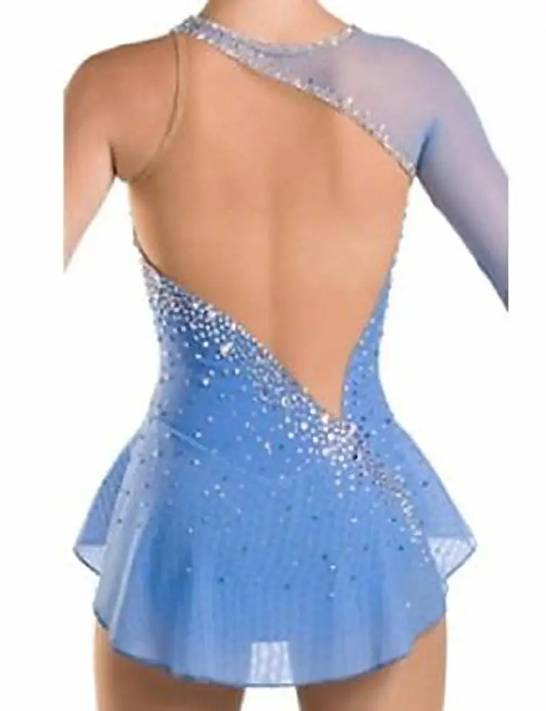 Hot Selling Figure skating dress handmade jeweled girls children blue skirt ballroom dance dresses skating dress