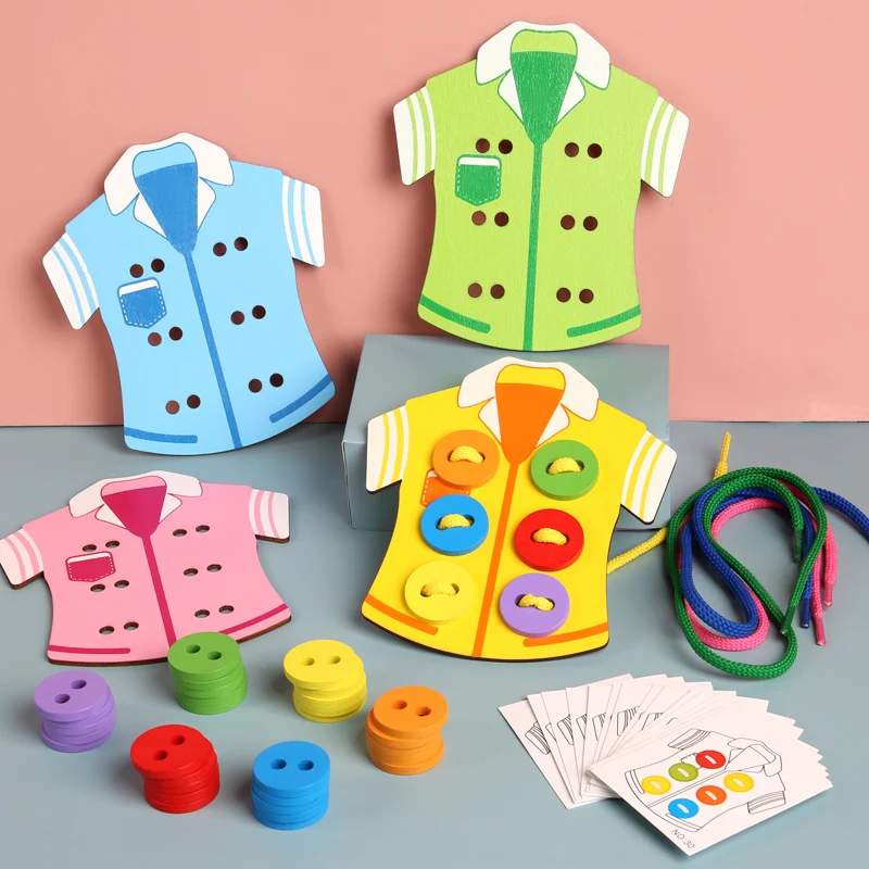 Early Development Fine Motor Skill Threading Sewing Button Game Wooden Clothes Lacing Game
