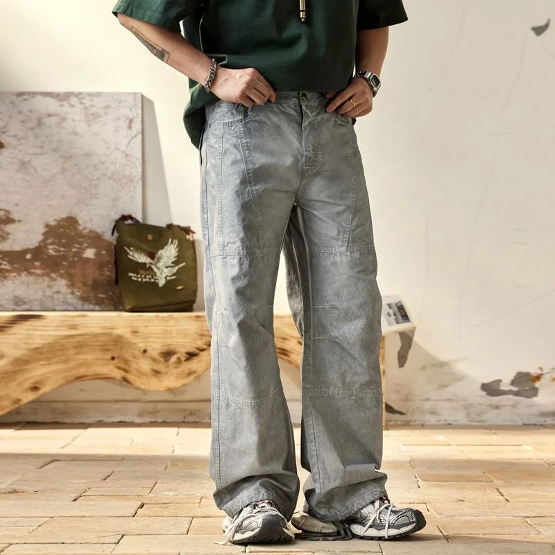 NIUKAAO dirty washing trend American daily design zippered overalls loose straight leg 100 leg drawstring casual pants men