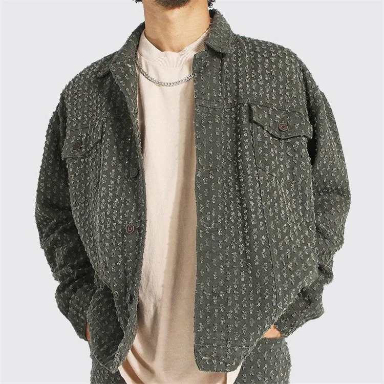 Custom logo high quality autumn oversized distressed interest denim jacket for men 2021