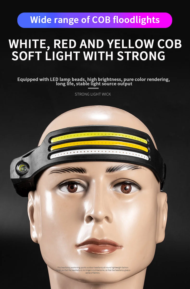 LED Three-color headlight with induction function for long battery life USB  rechargeable headlight