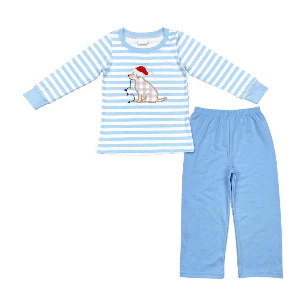 BLP0864 Casual Western Dog Clothes Striped Blue and White Cotton Santa Hat and Long Sleeve Pants Suit with Animal Pattern