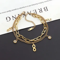 New Trendy Unisex Jewelry 18K Gold Plated Stainless Steel Double Layered Infinity Symbol Diamond Pirate Anchor Coin Bracelet