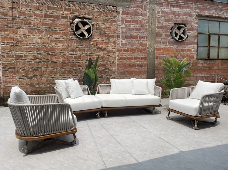 patio weather outdoor furniture teak solid wooden rope sofa set teak rattan