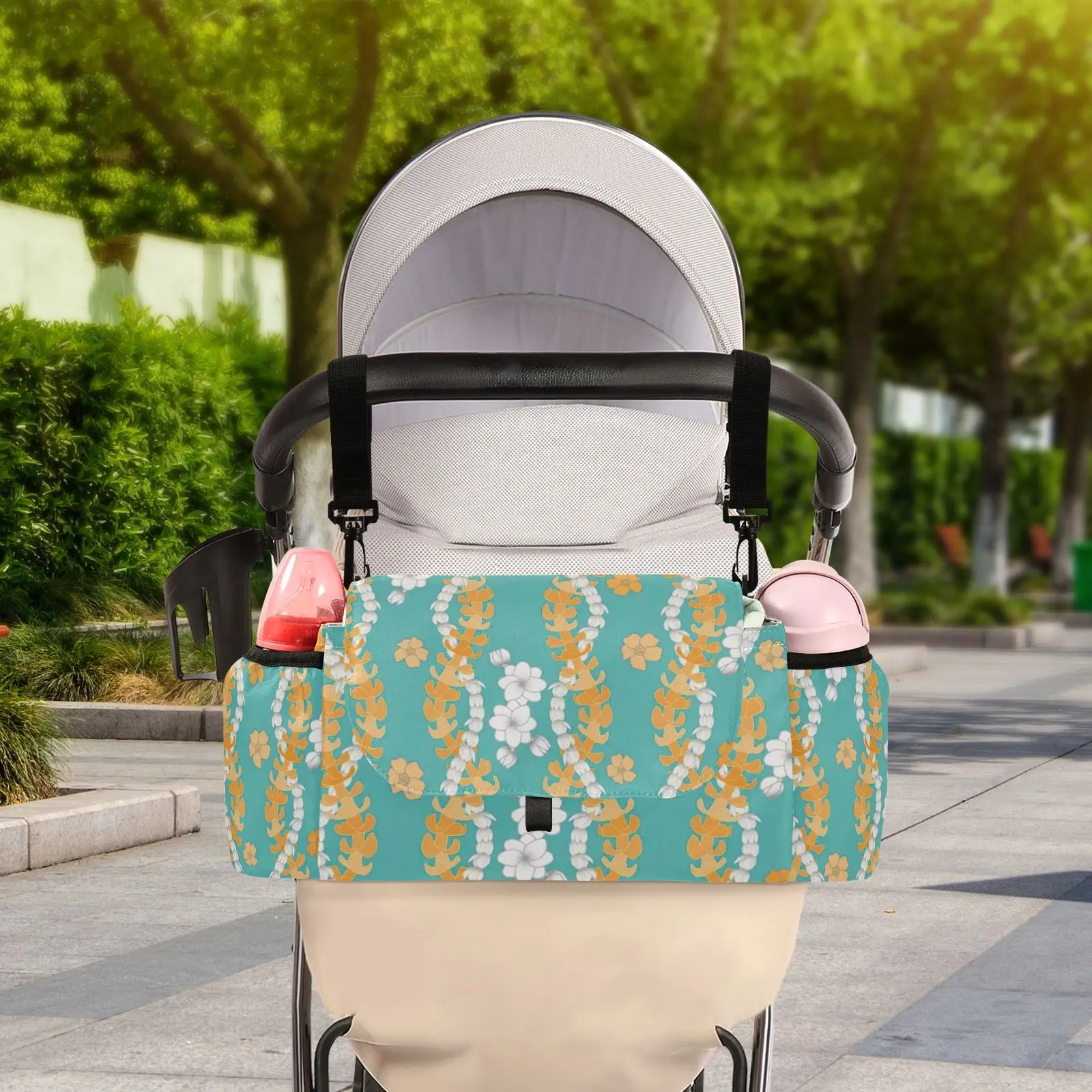Portable Hawaiian Puakenikeni Custom Print Mommy Storage Bag Diaper Bag Baby Stroller Caddy Organizer