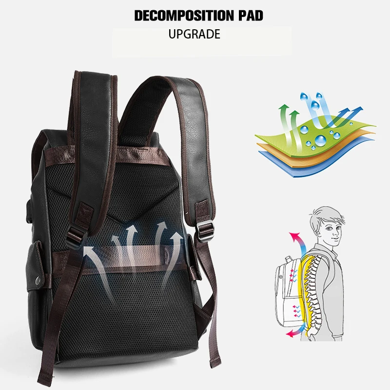 Custom Logo PU Leather Laptop Backpack Black Leather Bags Men Business Computer Backpack for Men