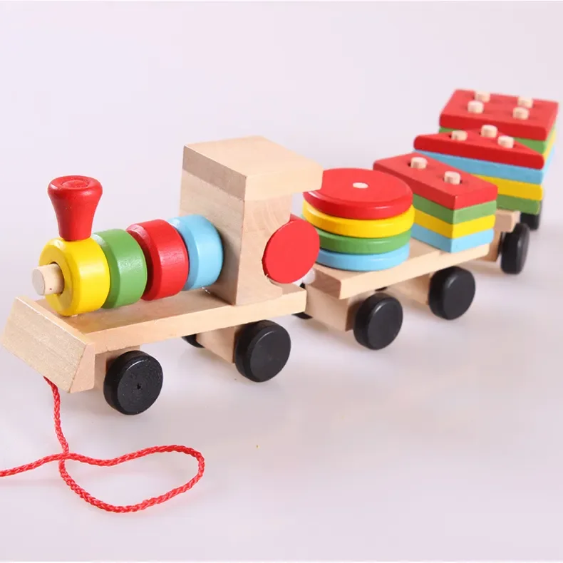 CE Montessori Wooden Educational Pulling Train Car Geometric Shape Matching Push Pull Toys Walkers For Preschool Kids Children