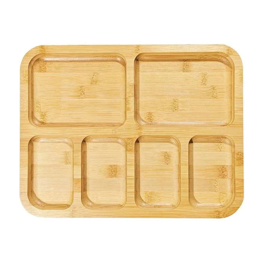Customized Fruit Snacks Tray 6 Serving Plate with Dividers Wood Bamboo Portion Plates Food Cheese Platter