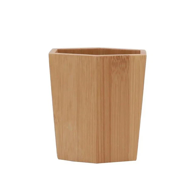 Bamboo Lid Waste Bin With Toilet Brush Holder Round Trash Can Waste Bin With Bamboo Lid For Bathroom