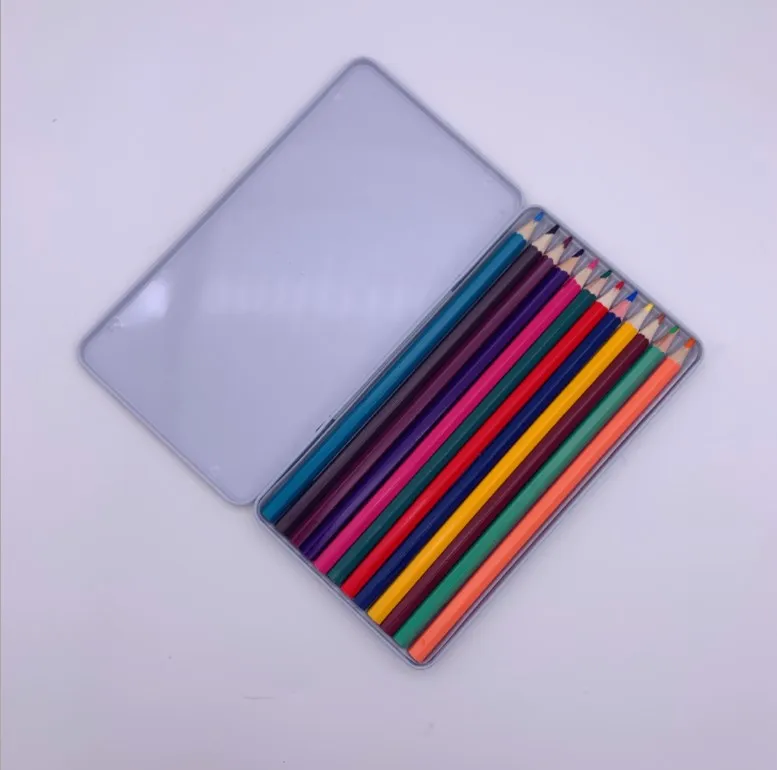 High quality 12 color wooden pencil custom color pencil set with metal box coloring pencil for kids gift