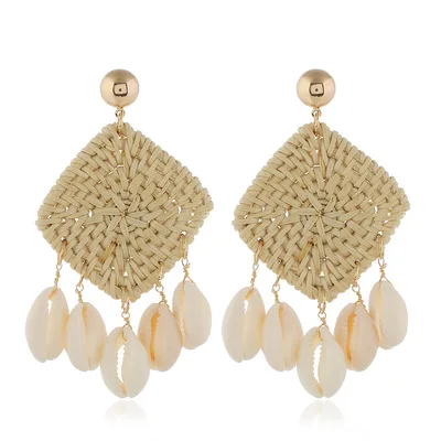
2021 New Arrivals Hot Selling Good Quality Fashion Sea Conch Rattan Woven National Style Vacation Exclusive Earrings 