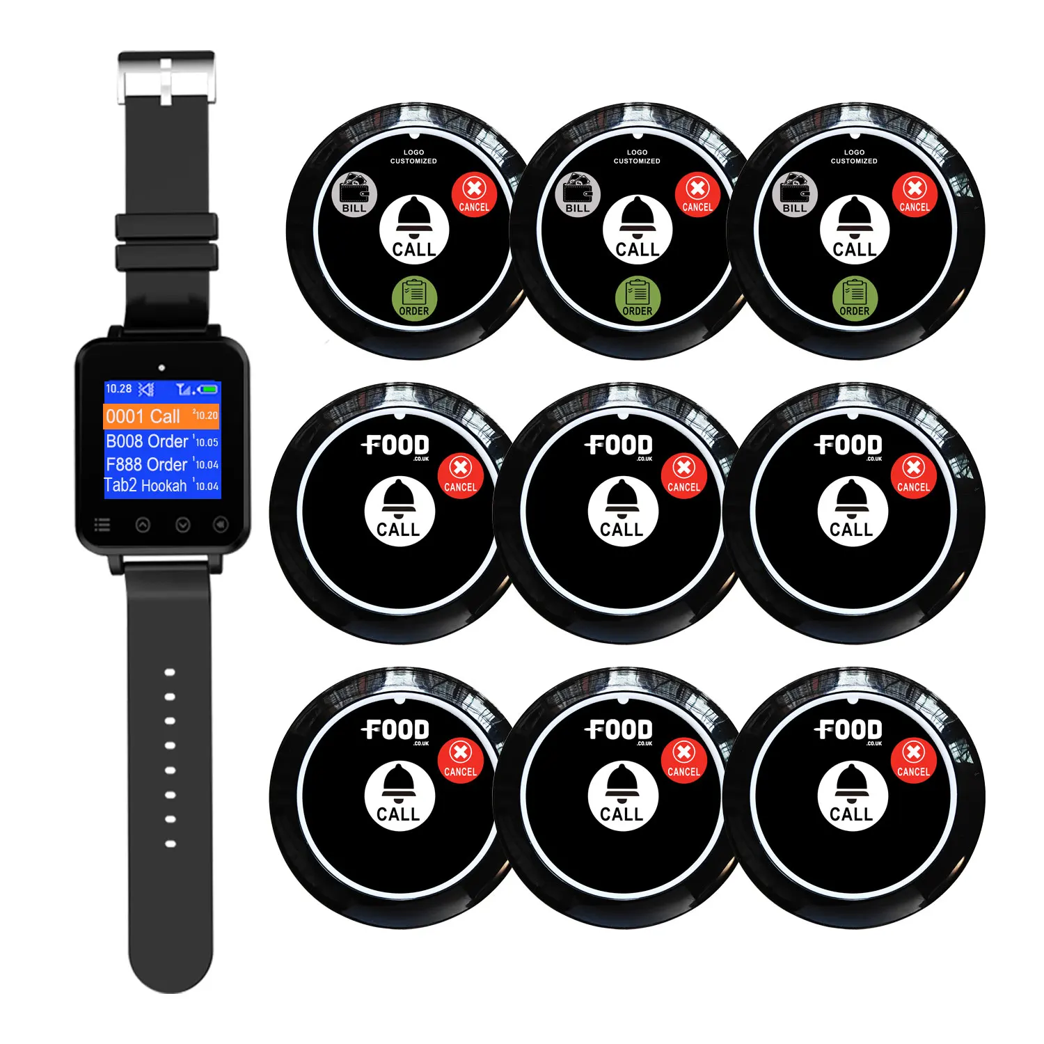 Artom waiter caller buzzer paging calling system Smart wireless wrist watch pager receiver with 9 call buttons