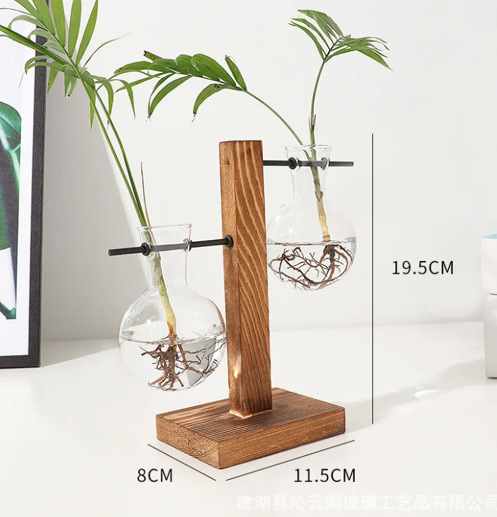 Plant Terrarium with Retro Wooden Stand, Metal Swivel Holder Hydroponics Plants Home Wedding Decor Glass Planter Bulb Vase