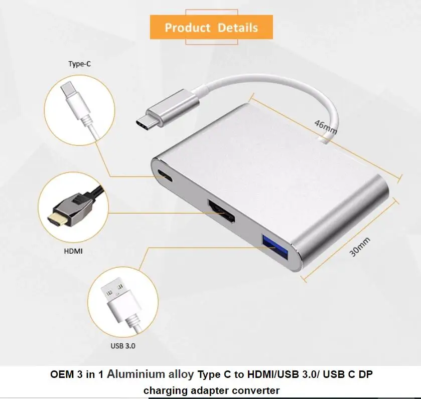 Usb C hub to 4K 1080p USB3.0 and 3 in 1 Adapter type c hub