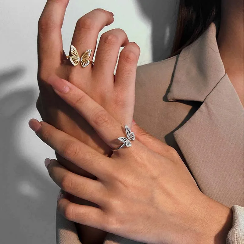 Factory Price Gold Plated Cubic Zirconia Hollow Butterfly Rings 925 Sterling Silver Women Adjustable Ring