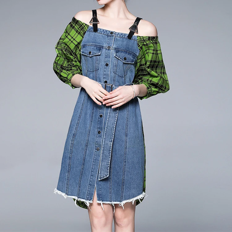 Fashion Summer off shoulder splicing patchwork sewing  washed Casual midi long Denim Jeans  women Dress