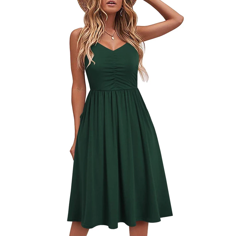 Custom Casual Dresses for Women Sleeveless  Summer Beach Bamboo spandex Dress  Spaghetti Strap Sundresses with Pockets patterns