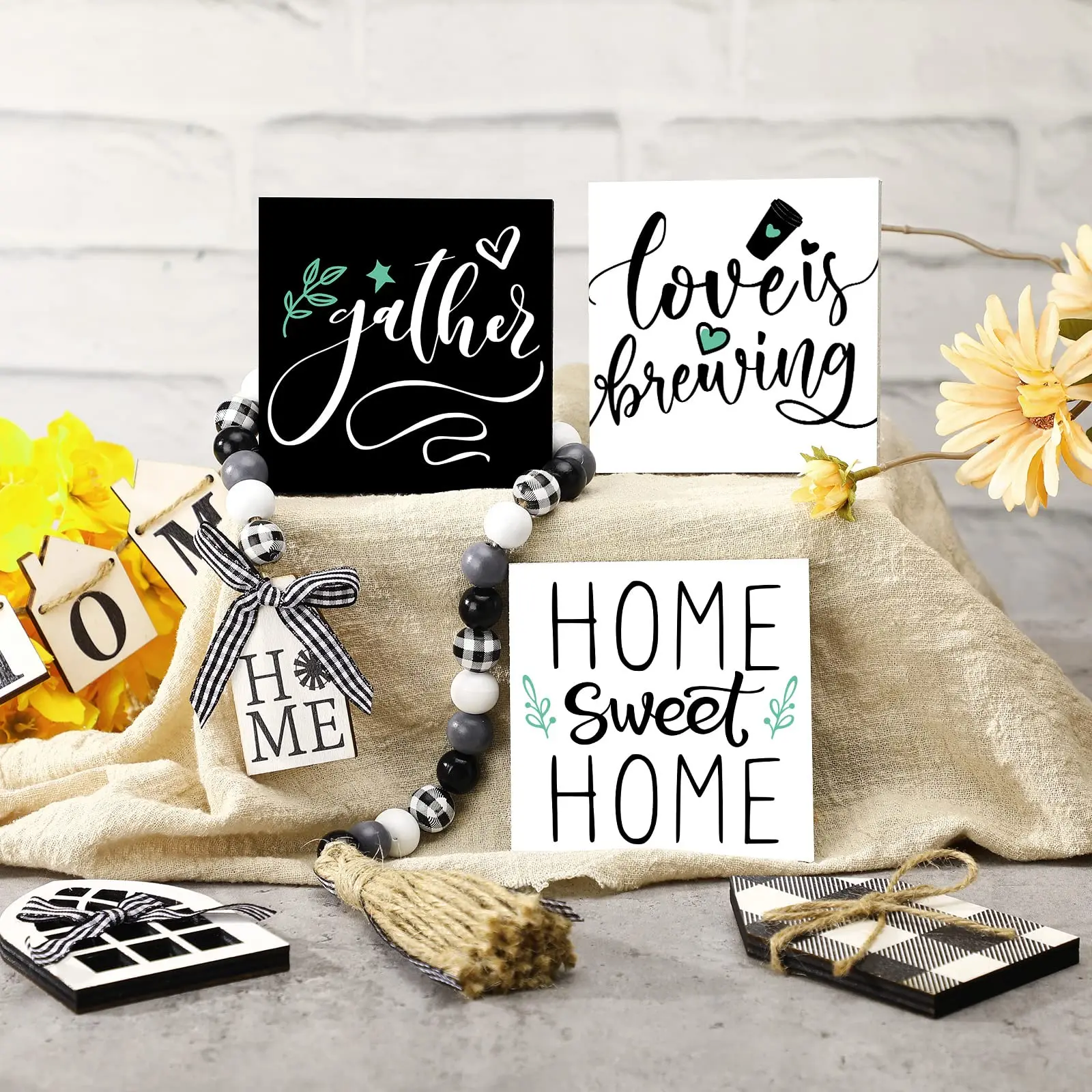 Farmhouse Tiered Tray Decor Rustic Wooden Home Blessed Mini Signs Wood Bead Garland with Tassel Mount Window Frames for Kitchen