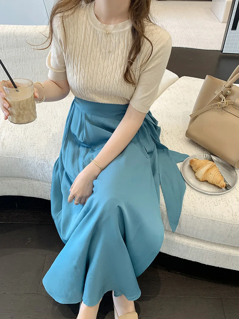 Korean style high waist half-length temperament bandage elastic waist mid-length large swing a-line umbrella skirt women