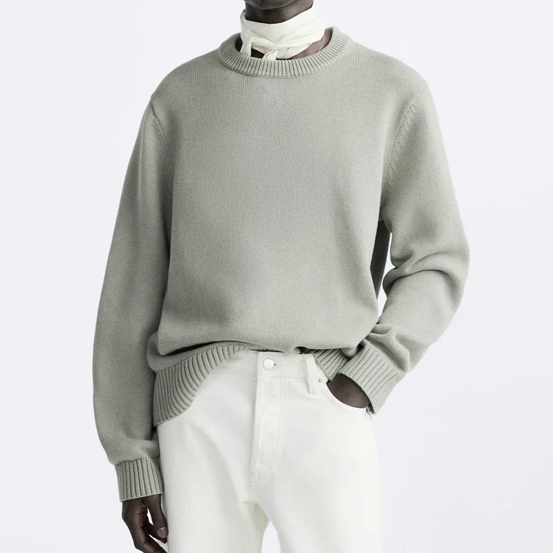 Custom LOGO crew neck pullover sweater cotton fabric embroidered sweater custom solid color cotton sweater