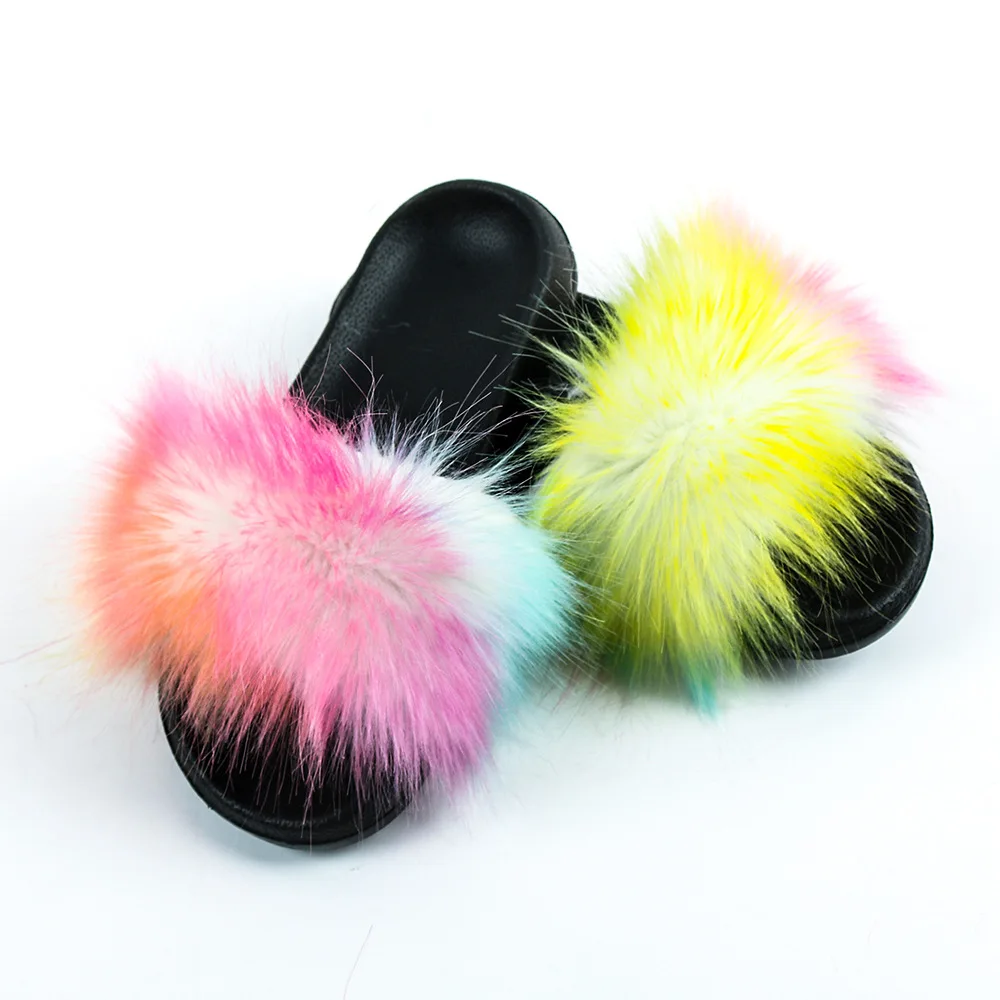  New popular style children fox fur slipper wholesale kids baby slides flops