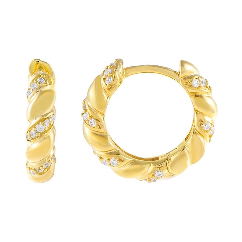 Gemnel recycled sterling silver chunky 18k gold zircon X cross solid twisted huggie earring