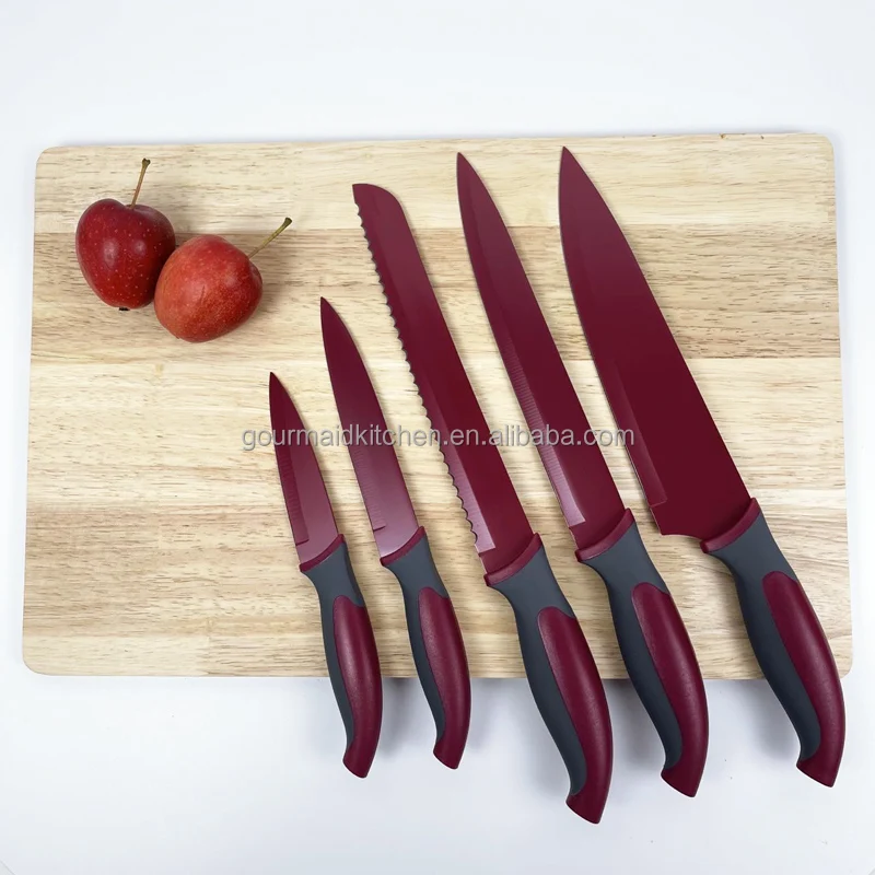GOURMAID High quality S/S Knife set 5 Stainless steel Knife With Blade Cover  Red Nonstick coating