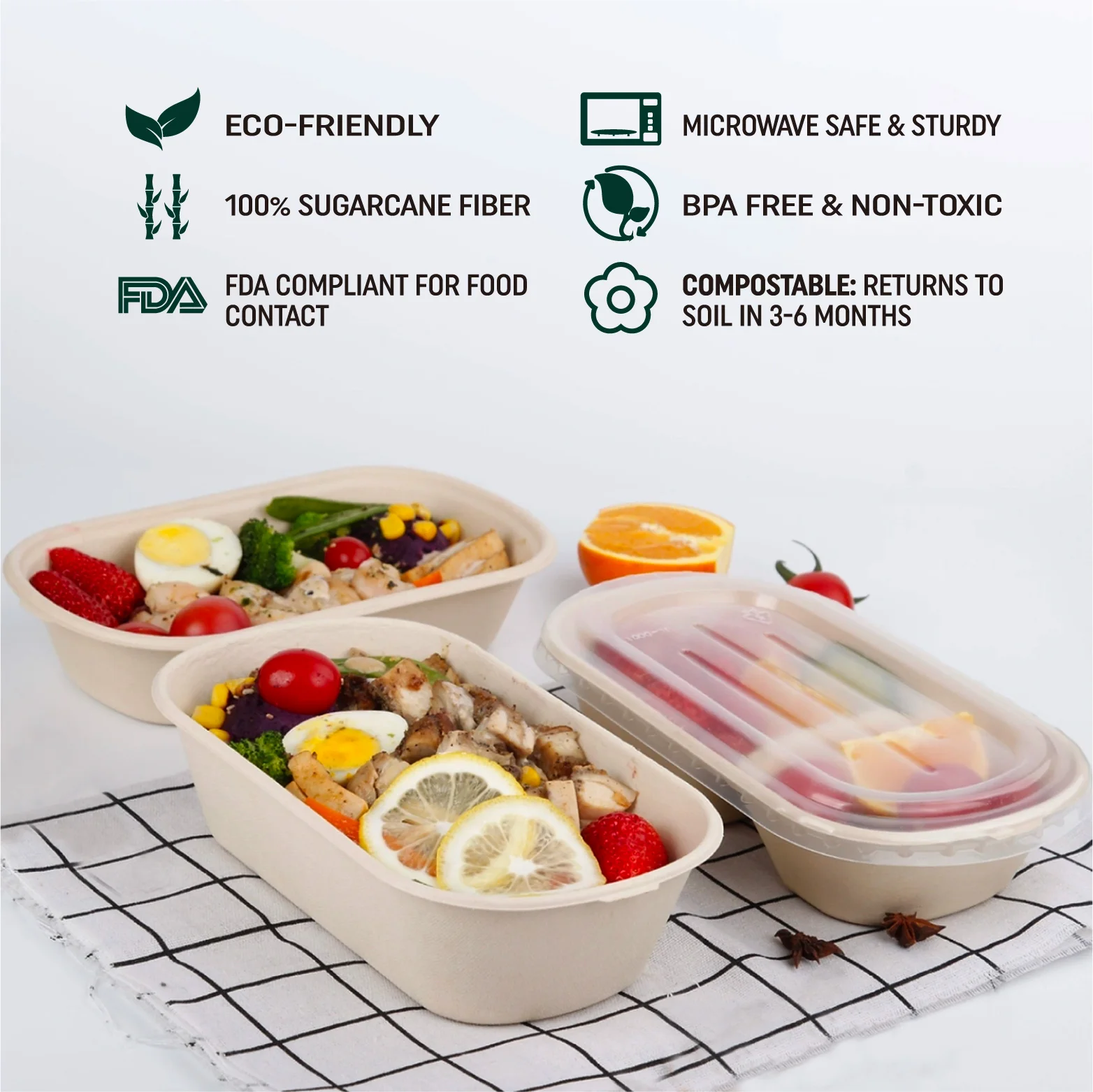 Disposable Compostable Tableware Biodegradable Dinnerware Rectangular Takeaway Sugarcane Container Bagasse Packaging