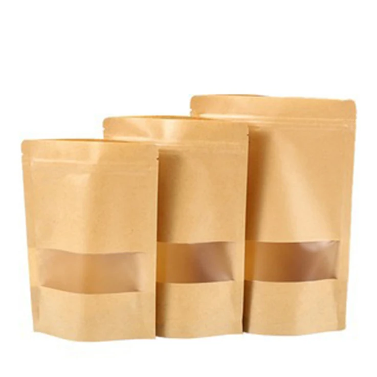 Recycle kraft paper ziplock bag biodegradable kraft paper bag with window Resealable custom kraft paper stand up pouch for food