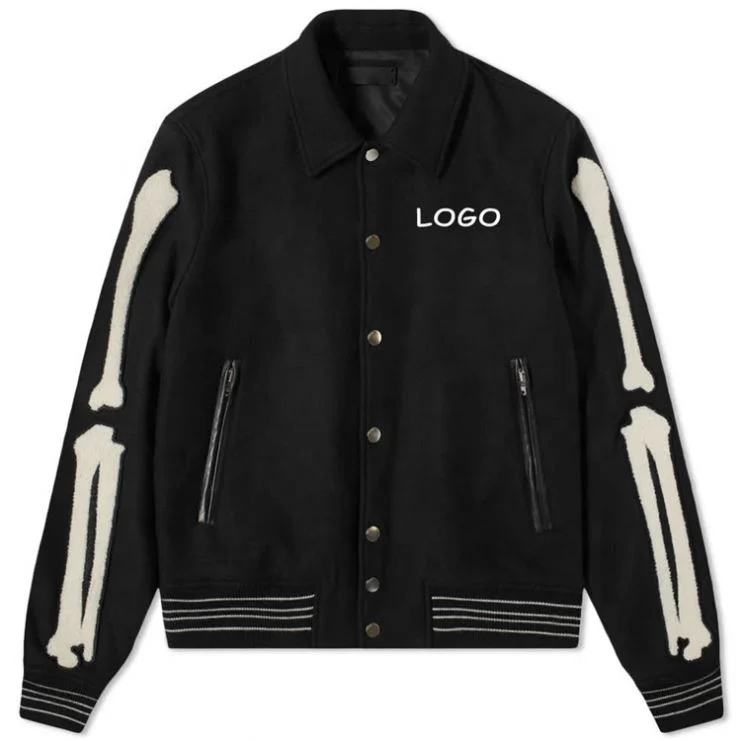 Custom 75% Wool embroidery bones logo leather pocket letterman varsity jacket for men