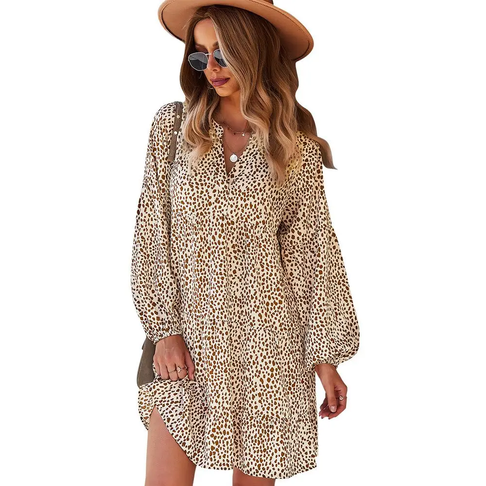 Manufacturer Small Orders One Piece Knee-Length Casual Animal Leopard Print  Polka Dot Brown Hot Sexy Long Sleeve Satin Dresses