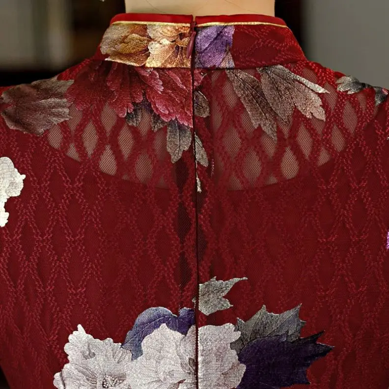 Китайские современные модные длинные Cheongsam элегантный половина рукава Qipao кружевных тканей платье для женская обувь свадебной