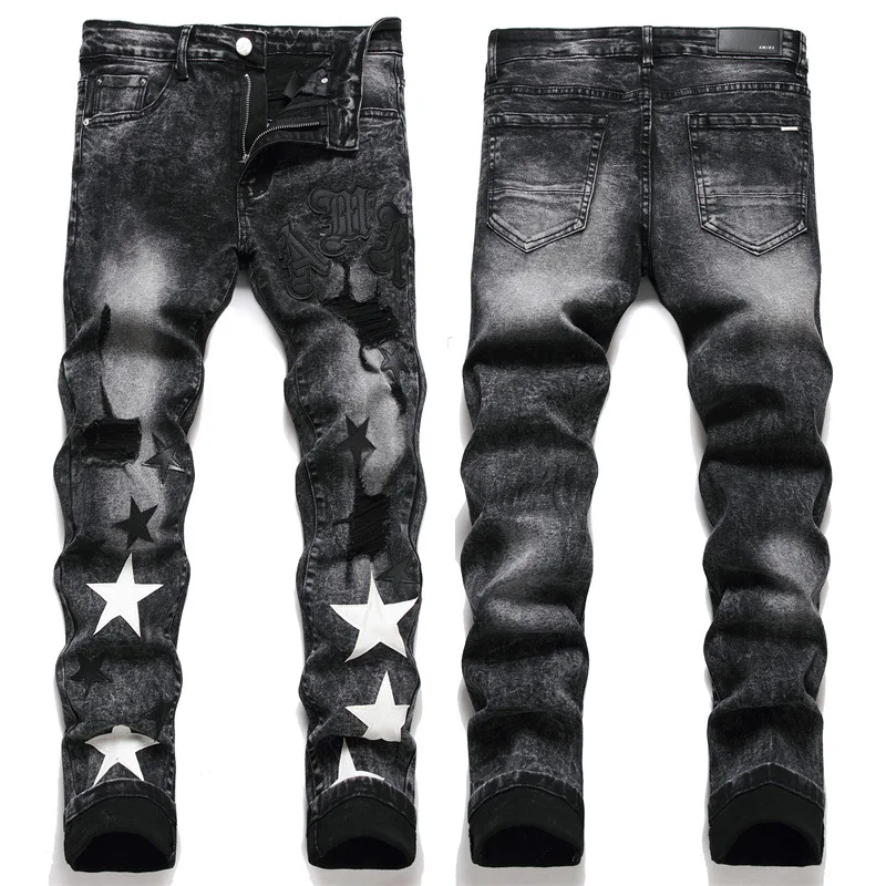 hot sale skinny men designer jeans high street  letter print patches tight leg straight denim men stacked jeans
