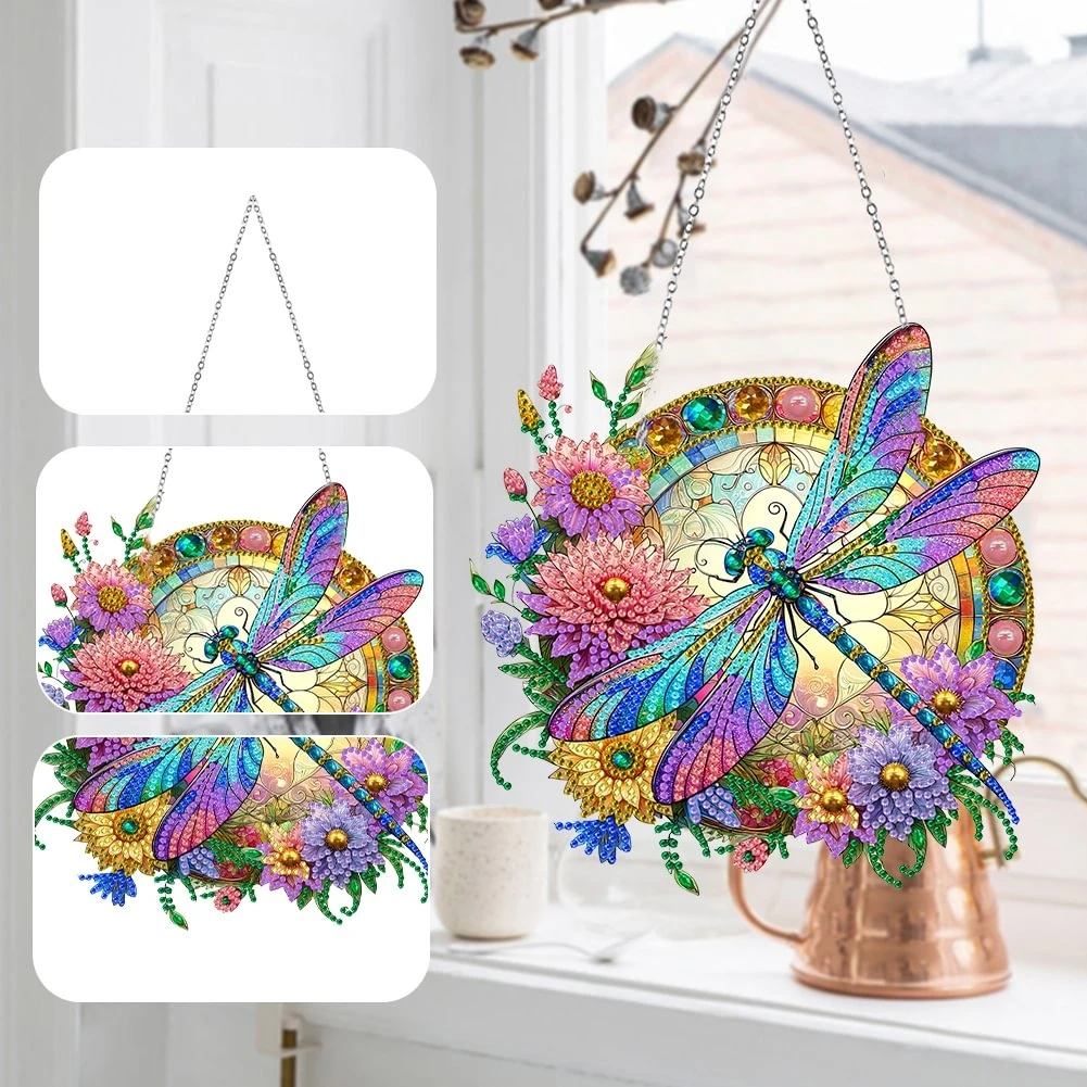 Dragonfly Special Shaped Crystal Diamond Art Painting Hanging Wind Chime Kits for Home Garden Wall Door Decor