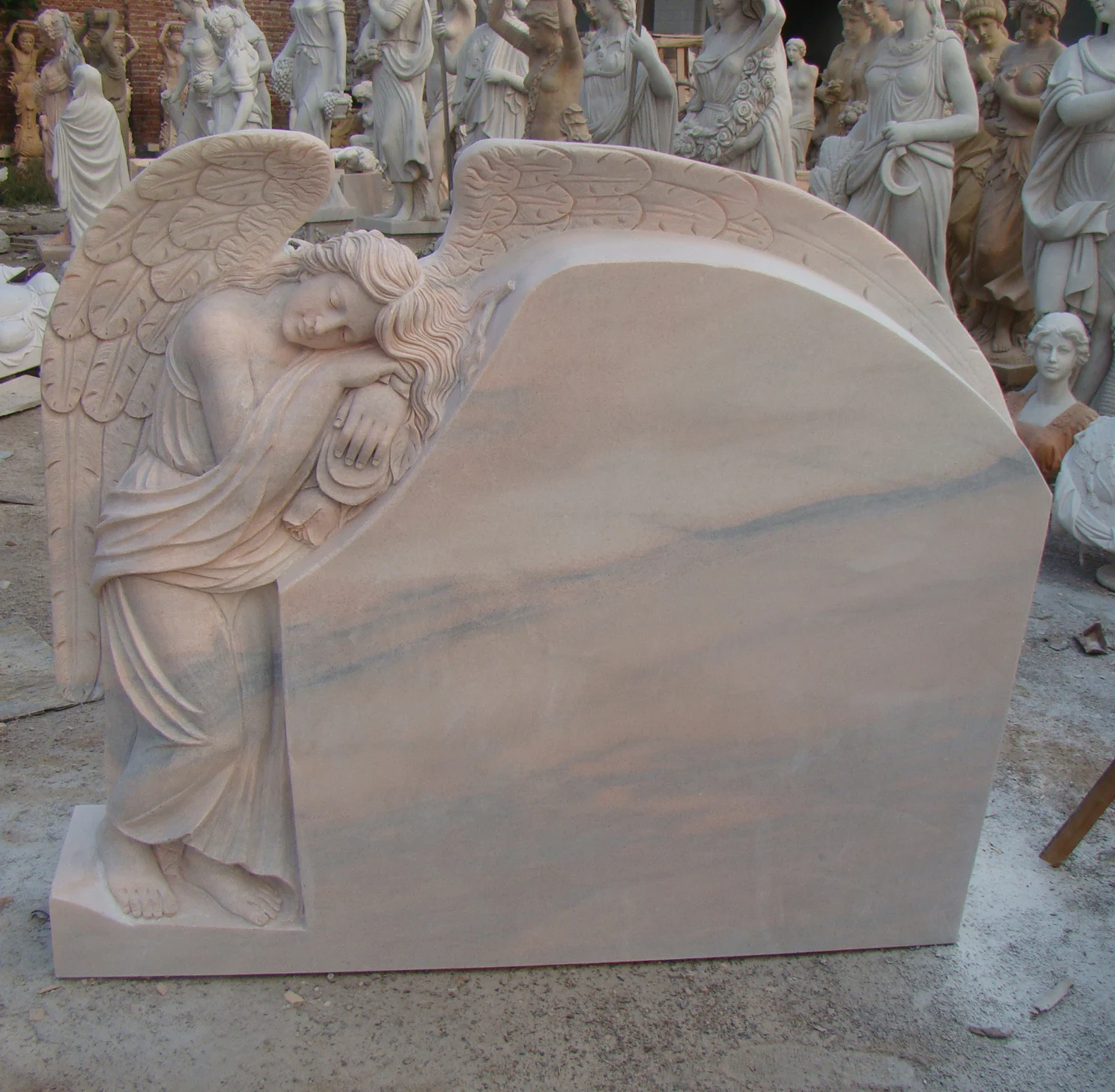 Customized Hand Carved Stone Carving Sunset Red Marble Angle Memorial Tombstone