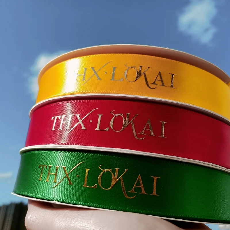 Factory Customised Washable Gold Sliver Foil Brand Logo Printed 25mm Black Grosgrain Ribbon