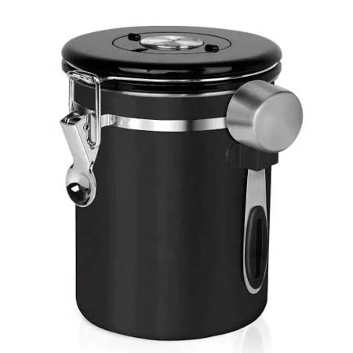 Stainless Steel Airtight Coffee Canister with Built-in CO2 Valve and Scoop and Date Tracking Wheel Gun Metal Color
