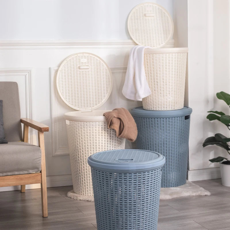 New Style Plastic Woven Basket Rattan Baskets Dirty Clothes Laundry Basket with Lid