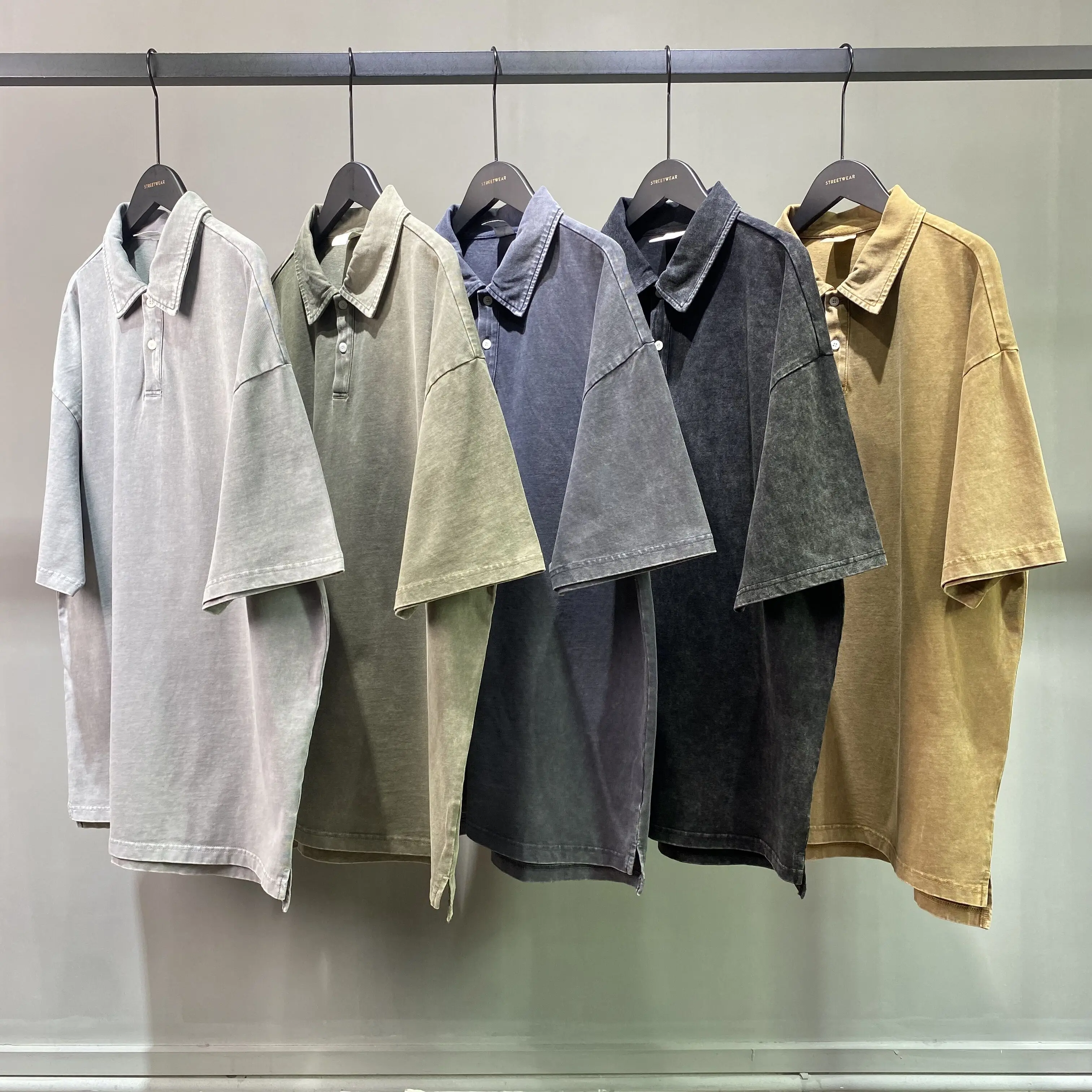 Polo Shirt Double Yarn 100% Cotton Batik Washed Distressed Button Collar Slit Short Sleeved t Shirt
