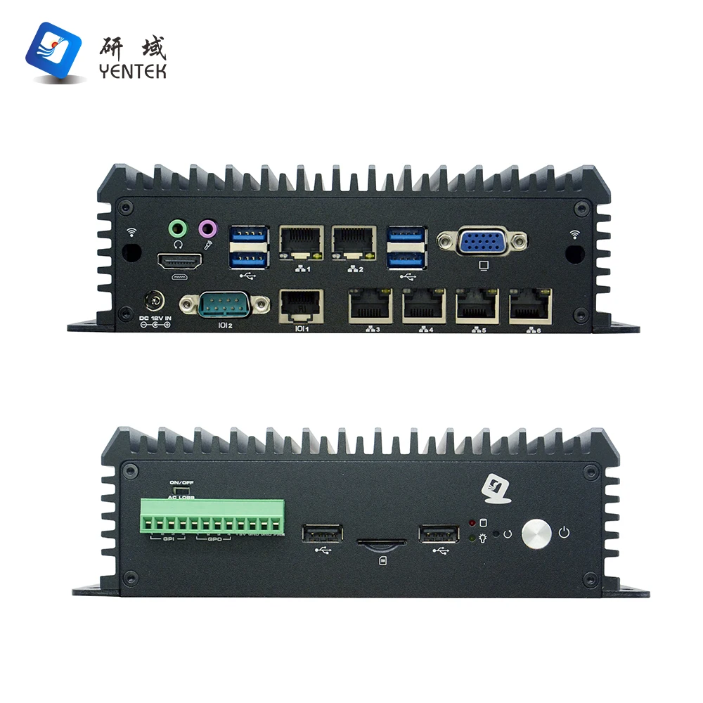 Factory industrial pc fanless intel CPU HD VGA 6 RJ45 6 USB DC 12V RS232 485 DB9 COM embedded industrial computer linux