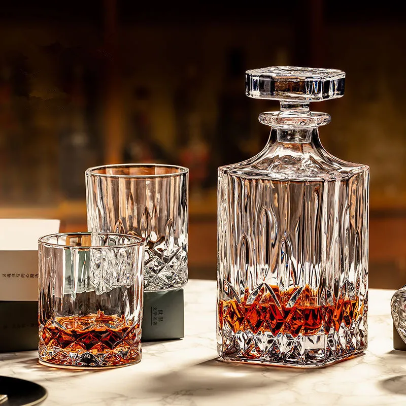Engraved Crystal Whiskey Decanter Set Clear Glass Wine Decanter Sets with 2 Cups for Bar Drinking Ware