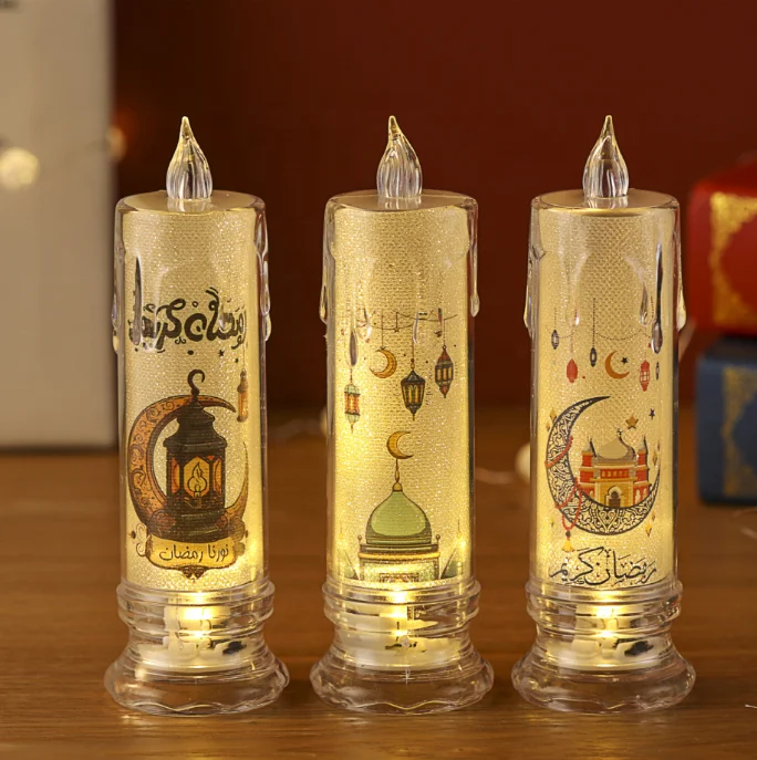 Eid Mubarak Luminous Transparent PVC Flameless Candle For Wedding Romantic Decoration LED Candle Light