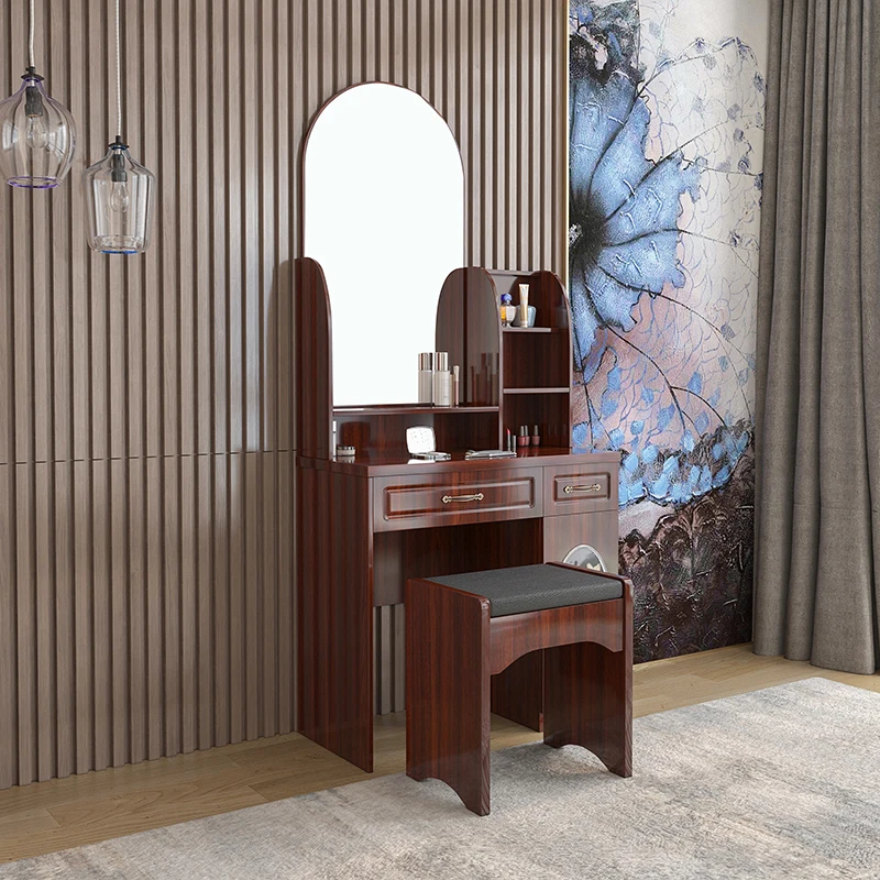 hot sale glass top vanity table simple design drawer storage dressing table brown makeup table set with mirror