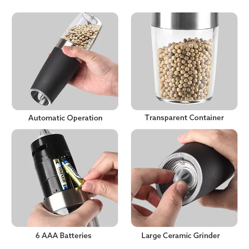 2024 Hot Factory Wholesale Electric Gravity stainless steel Salt Pepper Grinder Set for Spice Jar Black Pepper Mill Grinder