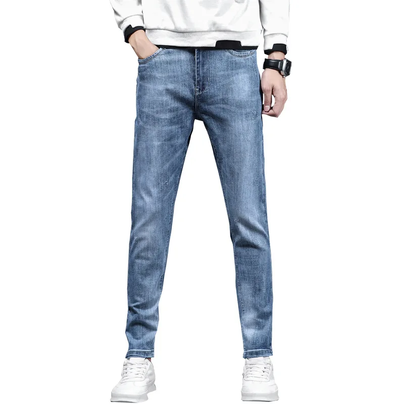 
Wholesale fashion trousers light blue straight men jeans denim pant 