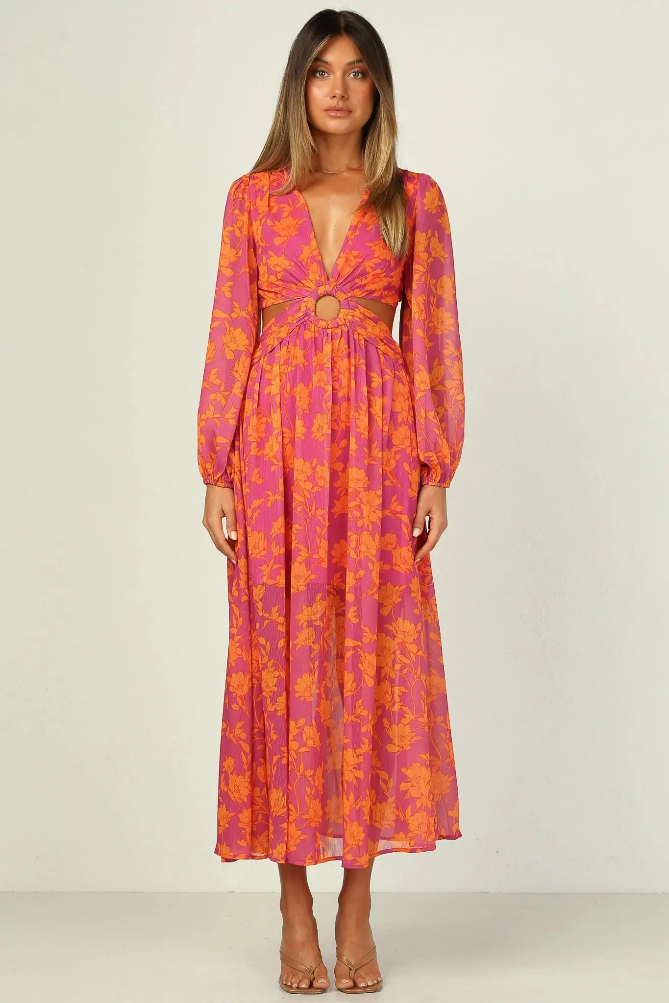 Spring Summer long sleeve backless cut out floral print chiffon dress