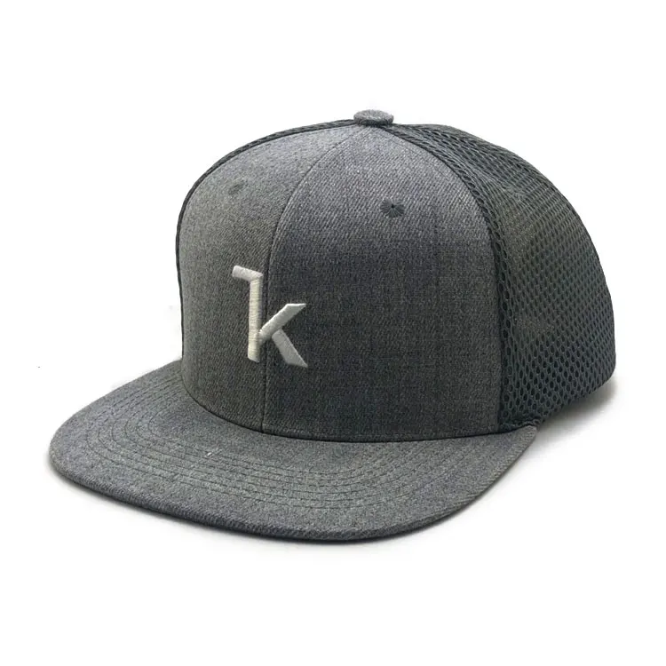 Custom Flat Bill 6 Panel Embroidery Black Mesh Trucker Cap