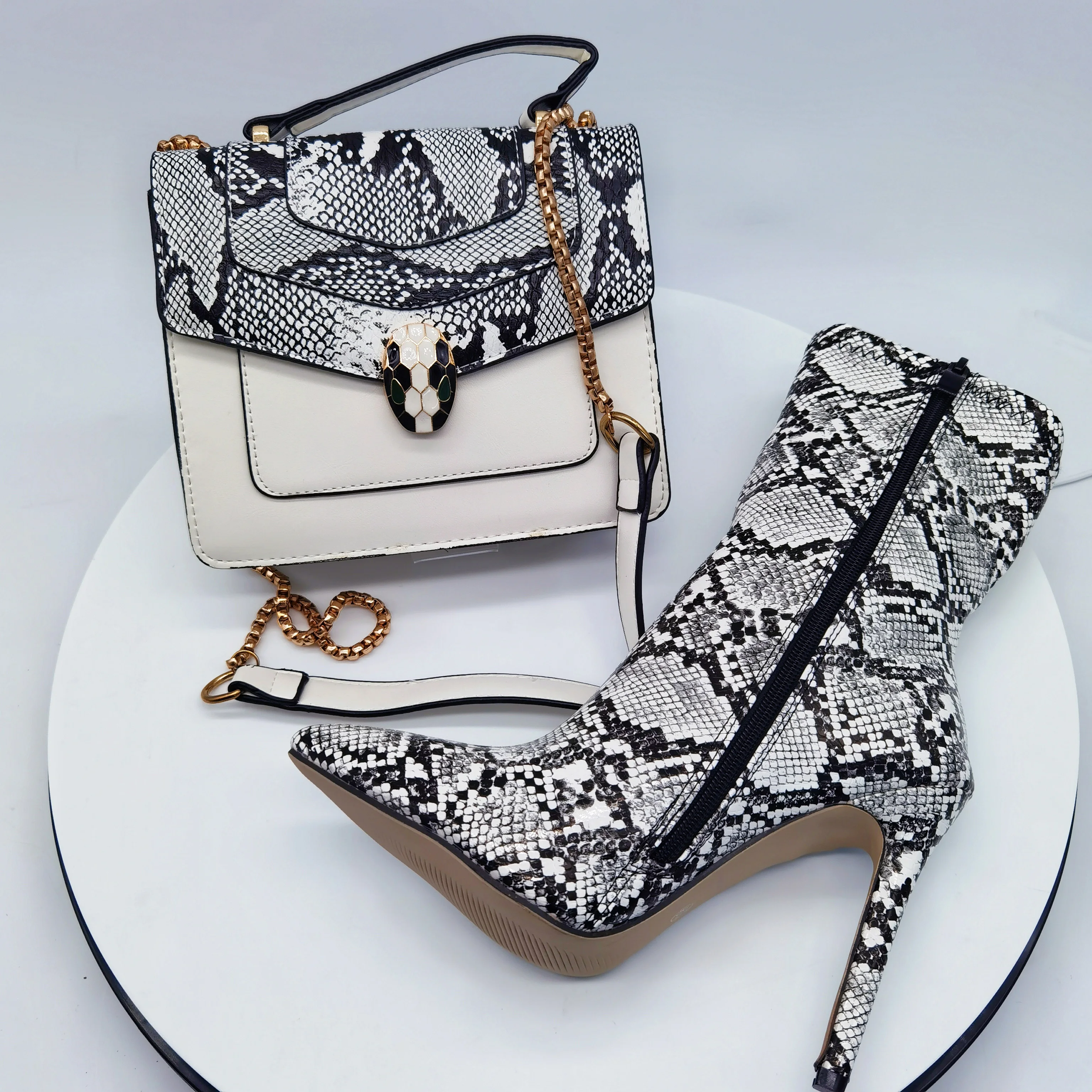 Stylish Ladies Casual Ankle Shoes Sexy High Heel snakeskin Woman Winter boots and handbags set