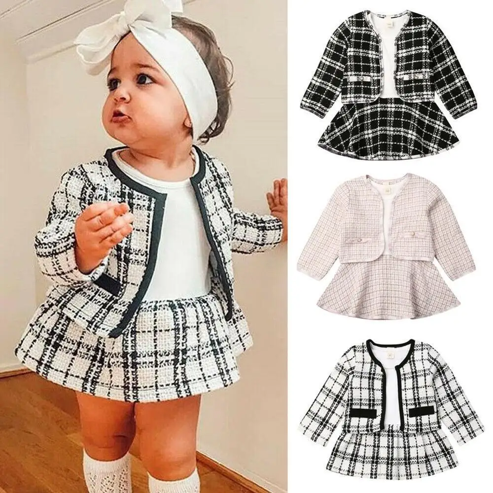 Autumn Winter Party Kids Clothes For Baby Girl Fashion Pageant Plaid Coat Tutu Dress Outfits Suit Toddler Girl Clothing Set