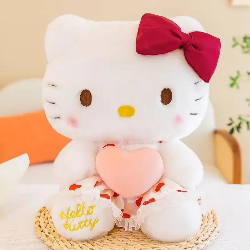 Sanrioed Love Heart-Shaped Plush Doll Kawaii KT Cat Cartoon Plushie Toy Home Decoration Children Birthday Gift